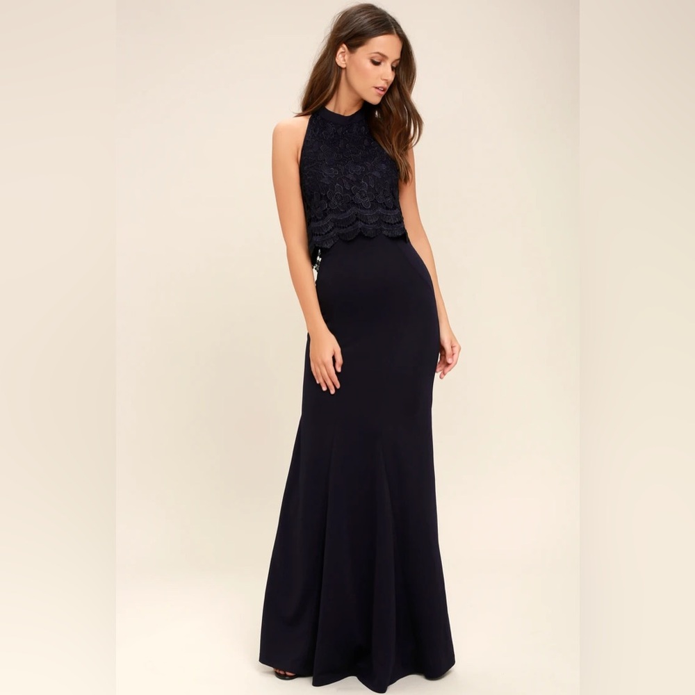 New Lulus Sociable Navy Blue Lace Halter Maxi Dress